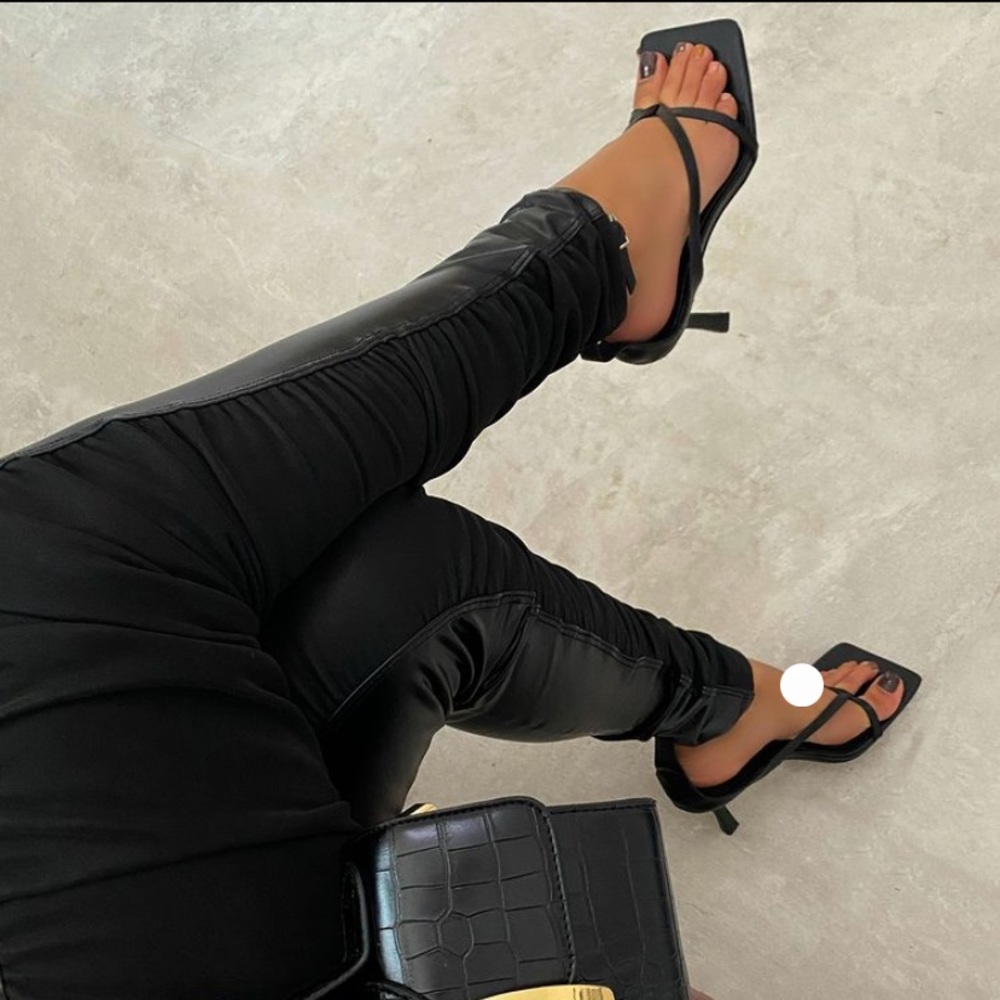 Eve Square Toe Strappy Heel In Black Faux Leather